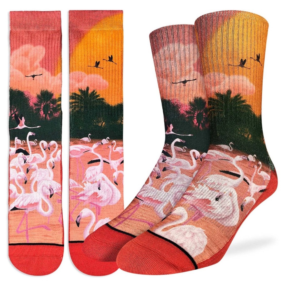 Good luck sock Flamingos in the sunset mens 8-13 Socks NEW
